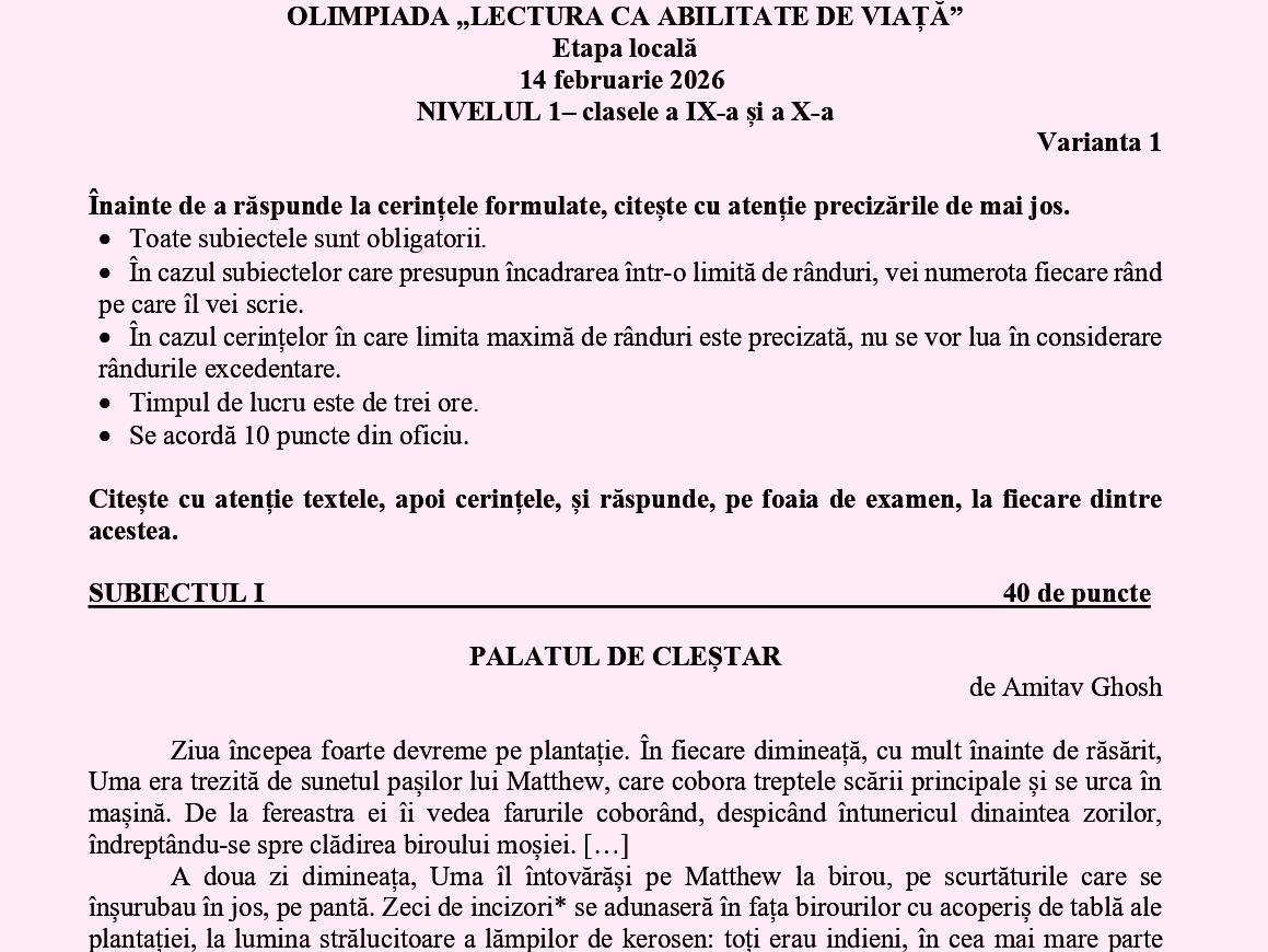Olimpiada Lectura ca abilitate de viață – OLAV 2026. Subiectele și baremele de la etapa locală din județul Dâmbovița, nivelurile 1 și 2, gimnaziu și liceu