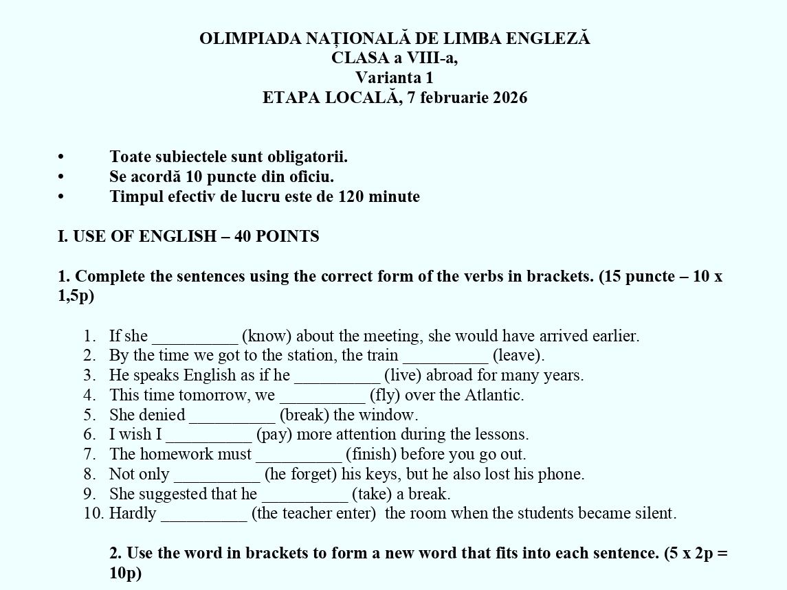 Subiecte și bareme Olimpiada de Limba engleză 2026. Descarcă cerințele primite de elevi la etapa locală din Dâmbovița, clasele V-XII