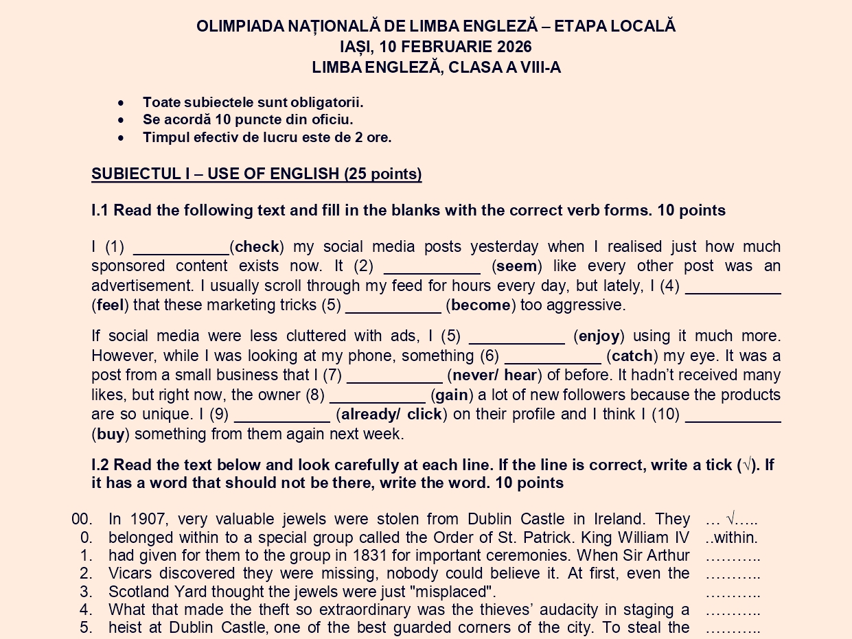 Olimpiada locală de Limba engleză 2026. Descarcă subiectele și baremele de la clasele a VII-a și a VIII-a din județul Iași / Etapa județeană începe pe 14 martie cu proba scrisă