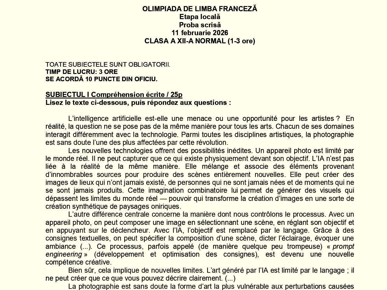 Olimpiada de Limba franceză 2026. Subiectele și baremele de la faza locală din județul Iași pentru clasele VII-XII, normal și bilingv-intensiv – descarcă