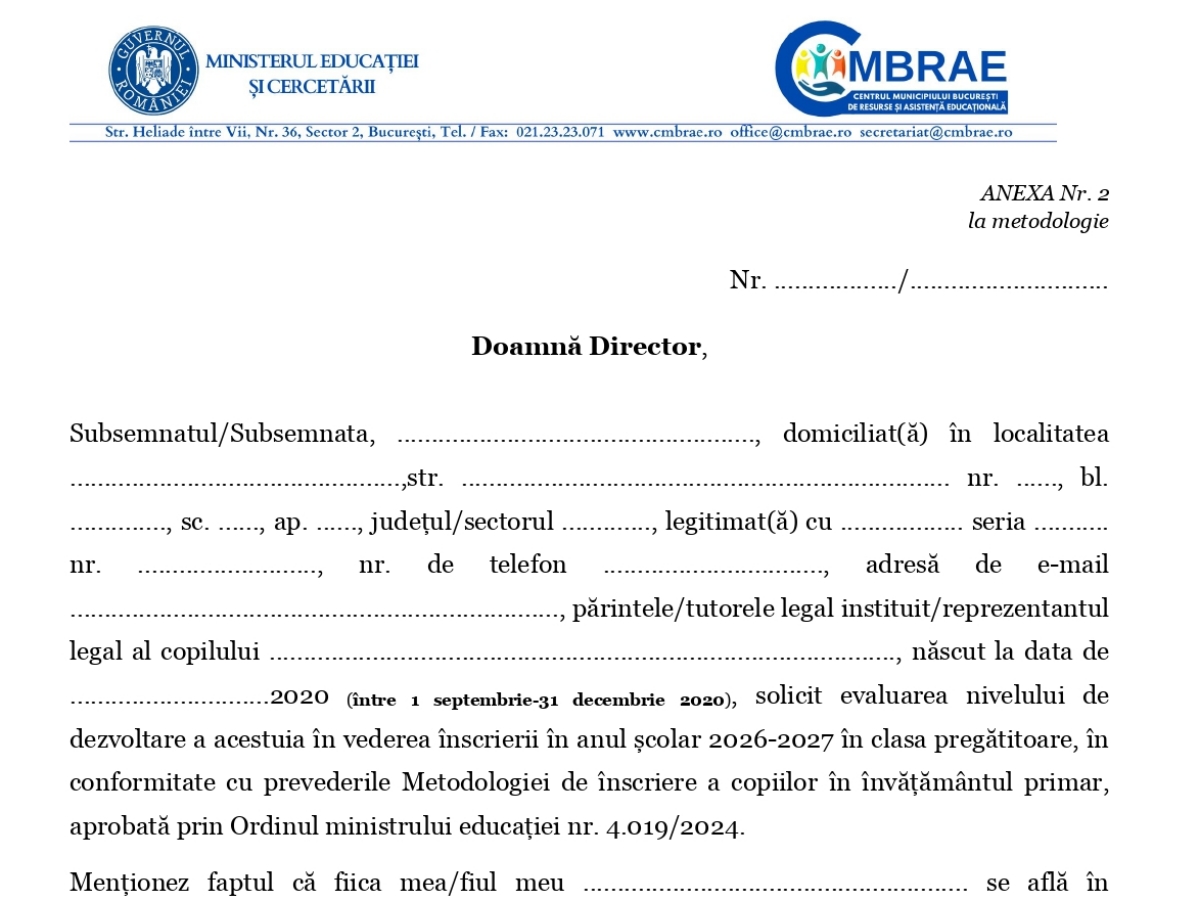 Clasa pregătitoare 2026-2027. Model de cerere pentru evaluarea copiilor care împlinesc 6 ani între 1 septembrie și 31 decembrie 2026 și nu au frecventat grădinița / Precizările CMBRAE