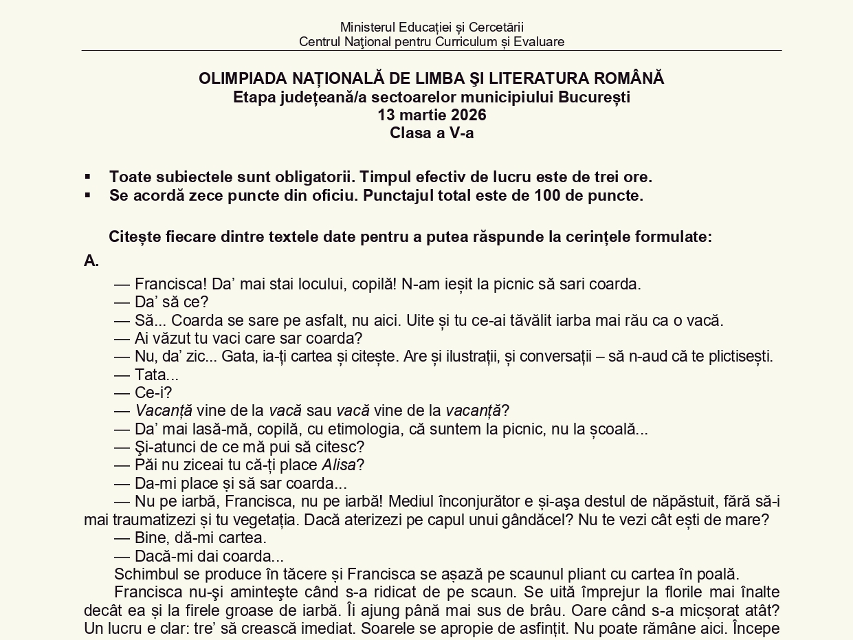 Olimpiada de Limba și literatura română – OLLR 2026, faza județeană de vineri, 13 martie. Descarcă subiectele și baremele de notare pentru gimnaziu și liceu / Texte de Ana Alfianu, Monica Pillat, Matei Vișniec și Florin Bican la V-VIII