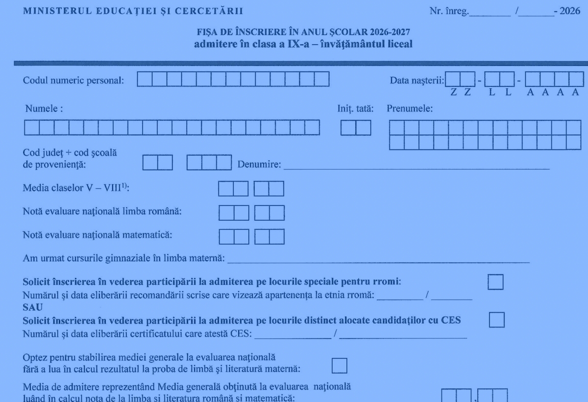 DOCUMENTE Fișa de înscriere la liceu 2026, publicată de Inspectoratul Școlar Mureș / Când au loc probele de aptitudini și cele de limbă străină – calendarul complet