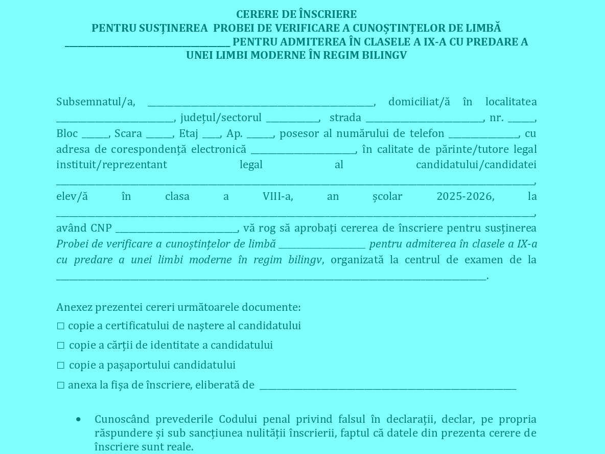 Admitere liceu 2026. Model de cerere de înscriere pentru testarea la limba străină, publicat de Inspectoratul Școlar al Municipiului București – document / Elevii de clasa a VIII-a se înscriu în zilele de 13, 14 și 15 mai