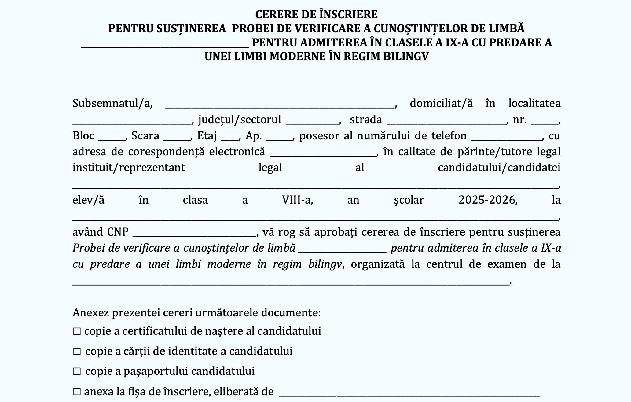​​Admitere liceu 2026, bilingv și intensiv. Înscrierile pentru proba de limbă modernă se fac în perioada 13-15 mai / Calendar și acte necesare pentru dosar și echivalare