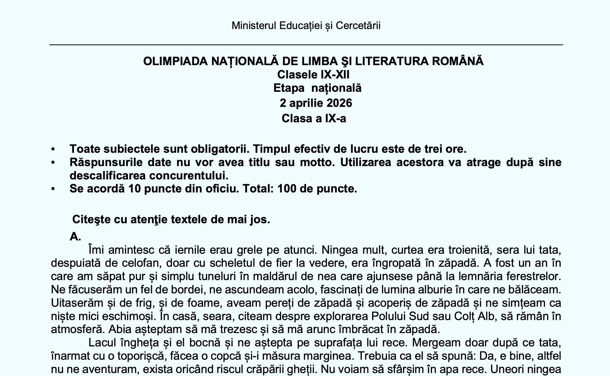 Olimpiada de limba și literatura română 2026. Subiectele și baremele pentru clasele IX-XII, de la etapa națională din Botoșani – descarcă